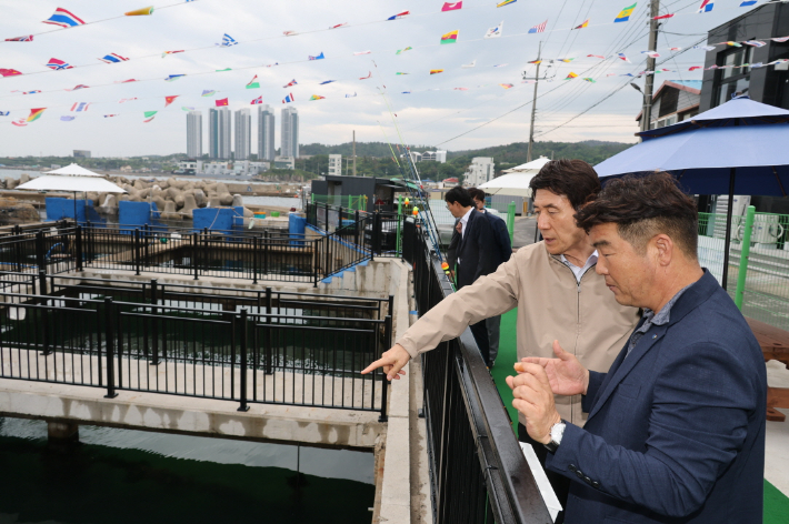 이강덕 포항시장 등이 해원 해상 낚시터를 둘러보고 있다. 포항시 제공