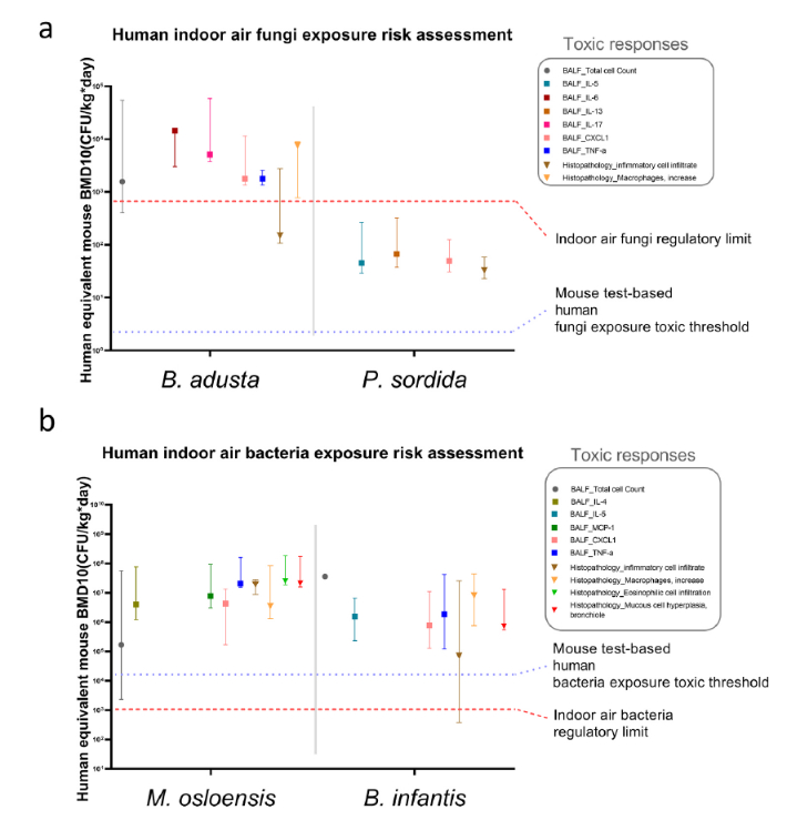 각 미생물에 대한 주요 독성 지표의 RfD 값을 미생물 노출 추정치와 비교한 그래프. 독성과학연구소 제공