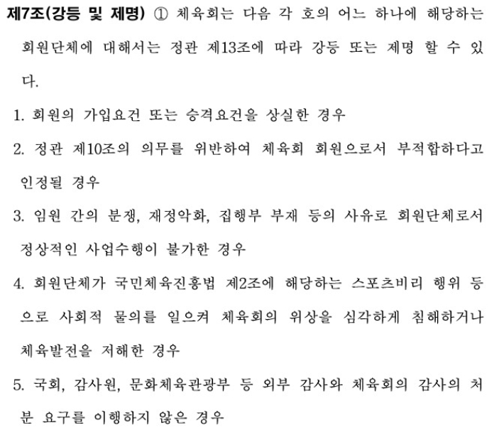 대한체육회의 '가입·탈퇴 규정' 문건 중 일부. 체육회 규정 캡처
