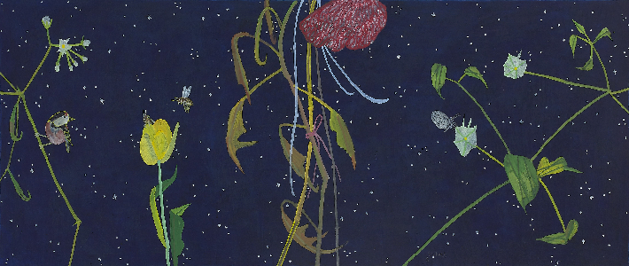 김선두, '낮별-맨드라미', 장지에 먹·분채, 71x167cm(2025). 갤러리밈 제공