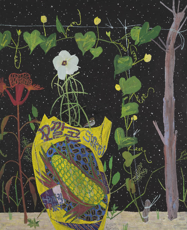김선두, '낮별-꼬깔콘', 장지에 먹·분채, 172x140cm(2023). 갤러리밈 제공