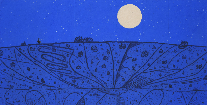 김선두, '밤길(On the way in midnight 2), 장지에 먹·분채, 76x144cm(2025). 갤러리밈 제공