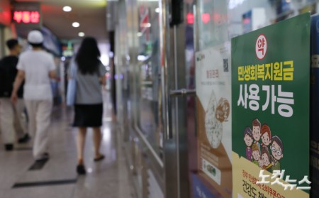 민생회복 지원금 사용처 안내문 붙은 약국