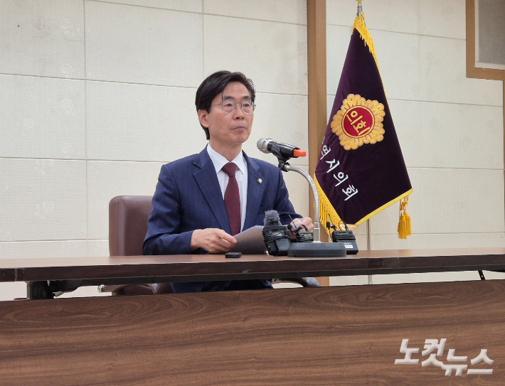 22일 국민의힘 조경태 의원이 대구시의회에서 당대표 출마 기자회견을 하고 있다. 김세훈 기자