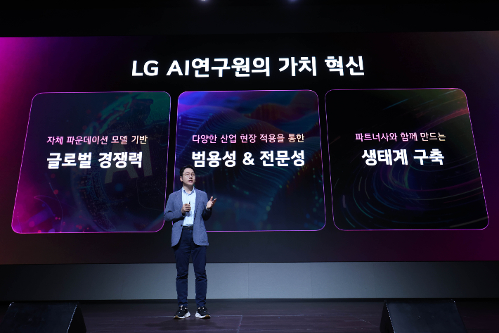 임우형 LG AI연구원 공동 연구원장이 22일 서울 강서구 마곡 LG사이언스파크 컨버전스홀에서 열린 'LG AI 토크 콘서트 2025'에서 발표하고 있다. LG 제공