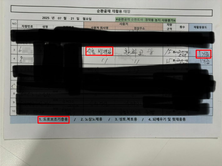시공업체에 폐골재를 제공한 청주시 흥덕구 옥산면의 한 폐기물 업체에서 확보한 순환골재 재활용 대장부.