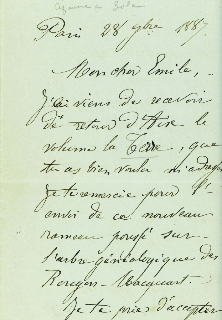 현재까지 알려진 세잔이 졸라에게 보낸 마지막 편지 1887년 11월 28일. 소요서가 제공