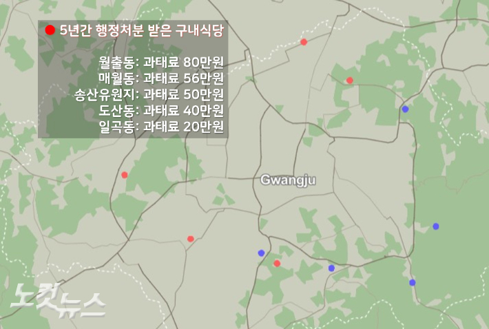 지난 5년 사이 과태료 처분을 받은 광주 시내버스 구내식당의 위치를 지도 위에 빨간색으로 표시했다. 파란색은 행정처분을 받지 않은 구내식당의 위치다. 한아름 기자