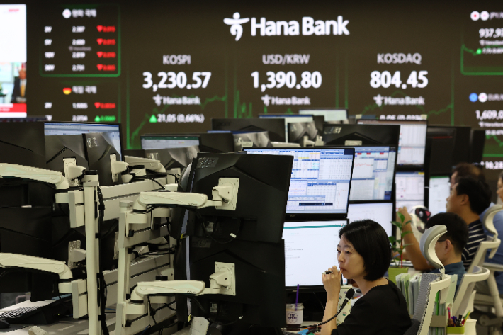 서울 하나은행 본점 딜링룸에서 딜러들이 업무를 보고 있다. 연합뉴스