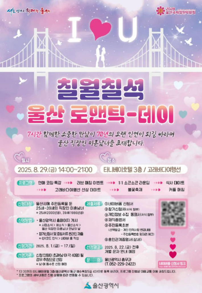 울산시는 8월29일 오후 2시부터 9시까지 25세부터 39세까지 미혼남녀 80명을 장생포 고래바다여행선에 초대한다. 울산광역시 제공