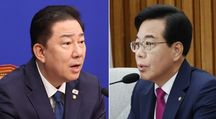 민주당 김병기 당대표 직무대행 겸 원내대표(왼쪽)와 국민의힘 송언석 비대위원장 겸 원내대표. 연합뉴스