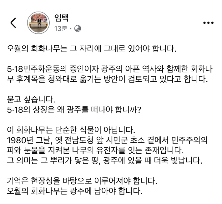"왜 5·18 상징을 청와대로" 임택 청장, 회화나무 이전 반대