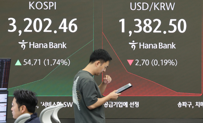 5일 서울 중구 하나은행 본점 딜링룸에서 딜러들이 업무를 보고 있다. 연합뉴스
