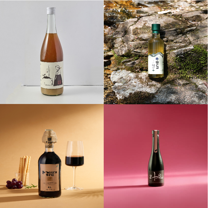 전북 올해의 건배주. 좌측 위부터 시계방향으로 대비모주, 숨은골약주, 무주구천동머루와인, 리28 고구마소주. 전북도 제공