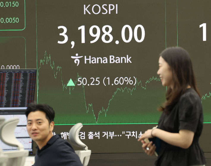 5일 서울 중구 하나은행 본점 딜링룸에서 딜러들이 대화하고 있다. 연합뉴스