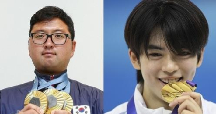 파리 올림픽 양궁 3관왕 김우진(사진 왼쪽)과 하얼빈 동계아시안게임 피겨 金 차준환. 연합뉴스 
