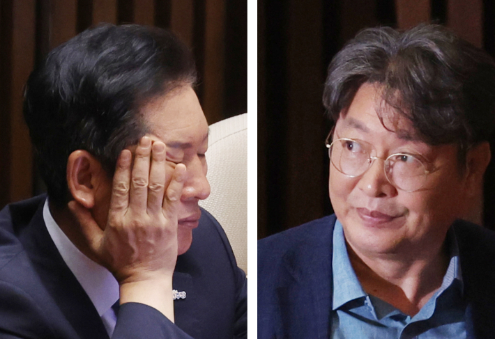 5일 국회 본회의 출석한 더불어민주당 정청래 대표(왼쪽)와 이춘석 의원. 연합뉴스