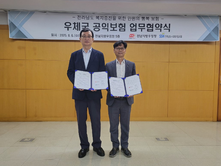 전남지방우정청(청장 이동정)은 지난 6일 전라남도사회복지협의회(회장 박민서)와 업무협약을 맺고, 지역 내 취약계층을 대상으로 공익형 상해보험인 '우체국 만원의 행복보험' 무료 가입을 지원한다고 밝혔다. 전남지방우정청 제공