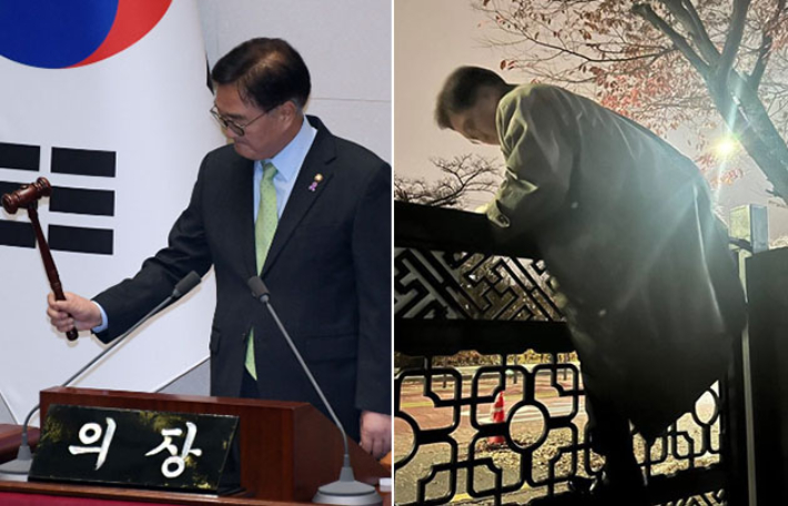 지난해 12월 3일 오후 11시경 대통령 비상계엄으로 경찰이 통제 중인 서울 여의도 국회에서 우원식 국회의장이 담을 넘어 본청으로 향하고 있다(오른쪽). 윤창원 기자·국회의장실 제공