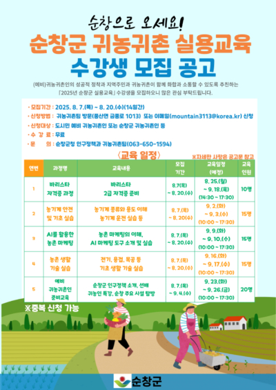 순창군 귀농귀촌 실용교육 수강생 모집 공고. 순창군 제공