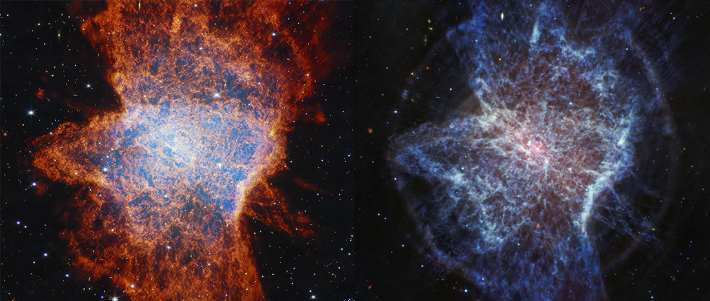 행성상 성운 NGC 6072의 근적외선(왼쪽)과 중적외선으로 관측한 결과물. NASA, ESA, CSA, STScI