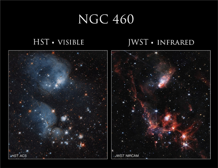 개방성단 NGC 460을 관측한 허블 우주망원경과 제임스웹 우주망원경의 결과물. NASA, ESA, and C. 린드버그 (존스홉킨스 대학교); 이미지프로세싱: 글래디스 코버(NASA/미국 가톨릭대학교)