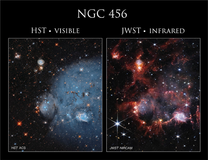개방성단 NGC 456을 관측한 허블 우주망원경과 제임스웹 우주망원경의 결과물. NASA, ESA, and C. 린드버그 (존스홉킨스 대학교); 이미지프로세싱: 글래디스 코버(NASA/미국 가톨릭대학교)