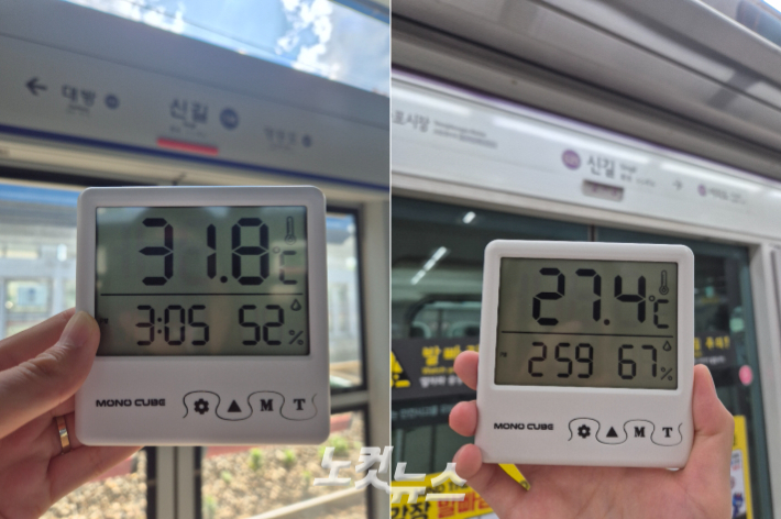 7일 오후 3시경 신길역 1호선 승강장(좌·지상)과 5호선 승강장(우·지하) 온도. 김지현 인턴기자