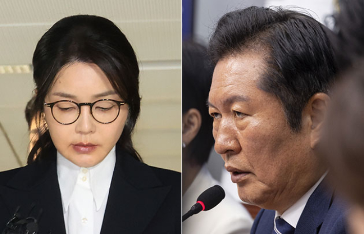 김건희 씨(왼쪽)·더불어민주당 정청래 대표가 11일 국회에서 열린 최고위원회의에서 발언하고 있다(오른쪽). 연합뉴스 