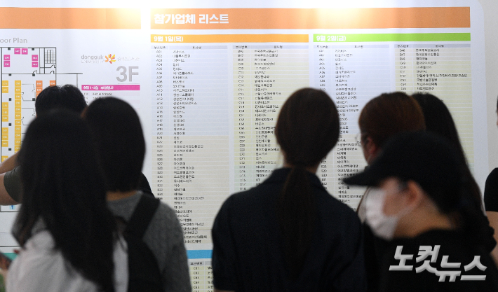 서울 중구 동국대학교에서 열린 취업박람회를 찾은 학생들이 참가업체 리스트를 보고 있다. 황진환 기자