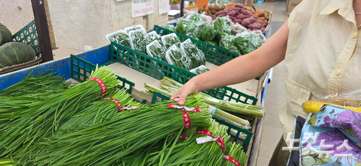 서울 양천구의 한 마트 신선코너에서 한 중년 여성이 절임 채소 포장지를 들어 올리고 있다. 양지훈 인턴기자