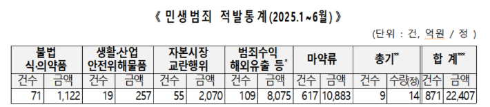 2025년 상반기 민생범죄 적발 통계. 관세청 제공