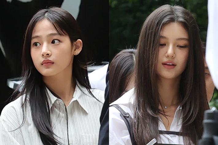 연예 기획사 어도어와 전속계약 분쟁 중인 그룹 뉴진스의 민지(왼쪽)와 다니엘(오른쪽)이 14일 서울 서초구 서울중앙지방법원에서 열린 전속계약 유효확인 소송 1심 조정을 위해 법원에 출석했다. 연합뉴스