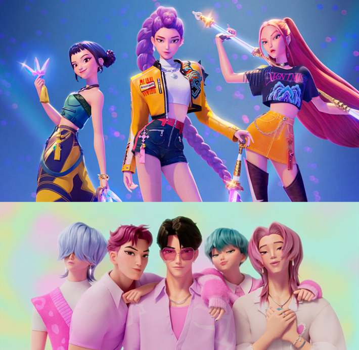 넷플릭스 애니메이션 영화 '케이팝 데몬 헌터스' 걸그룹 '헌트릭스'와 보이그룹 '사자보이스'. 넷플릭스 제공