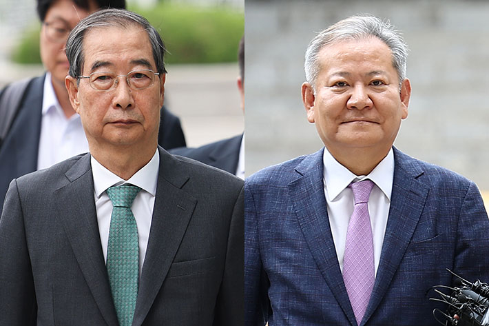 한덕수 전 국무총리(왼쪽), 이상민 전 행안부 장관. 연합뉴스