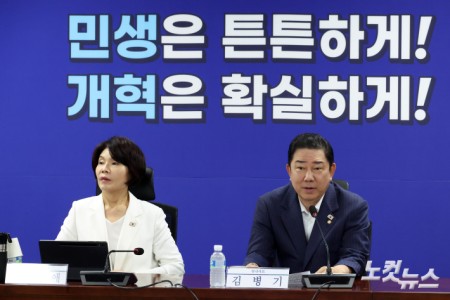 20일 서울 여의도 국회 의원회관에서 열린 새정부 경제성장전략 당정협의에서 더불어민주당 김병기 원내대표가 발언을 하고 있다.