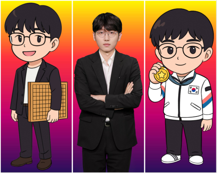 신진서 9단(사진 가운데)와 그의 게임 캐릭터. 한국기원 제공
