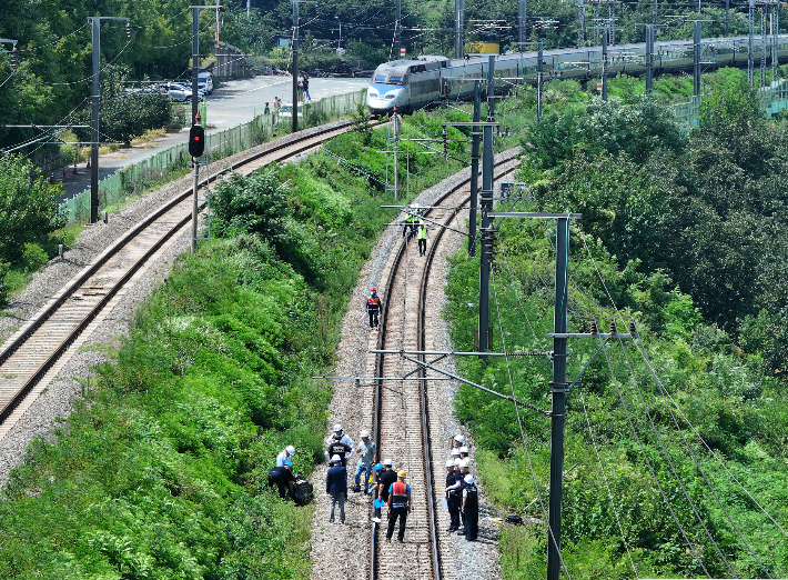 20일 경북 청도군 화양읍 삼신리 청도소싸움 경기장 인근 경부선 철로에서 전날 발생한 열차 사고에 대한 유관기관 합동 감식이 진행되고 있다. 연합뉴스