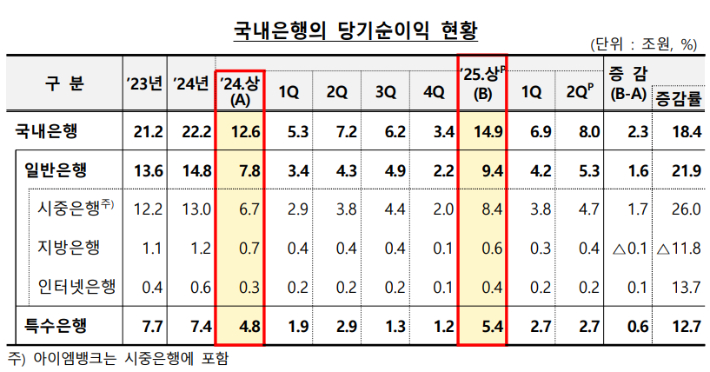 국내은행의 당기순이익 현황. 금융감독원 제공