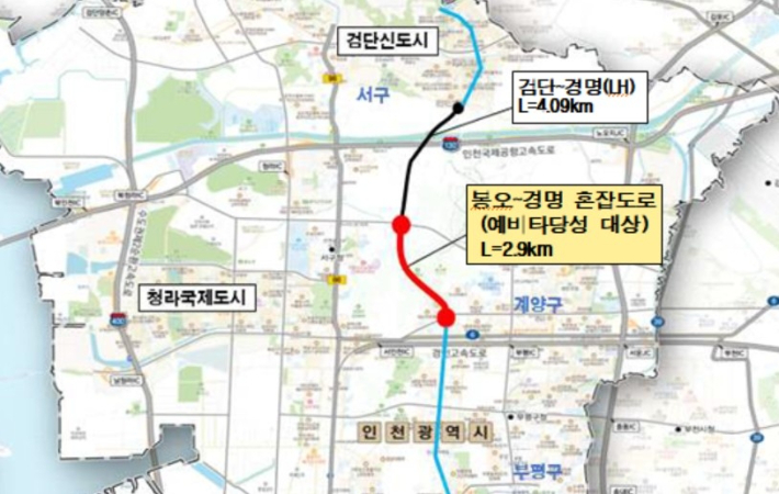 봉오~경명 도로 위치도. 인천시 제공