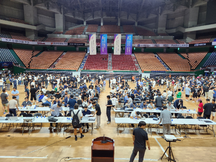 지난 21일 부산사직종합운동장 실내체육관에서 개최된 전국체전 대진추첨식 장면. 대한체육회 제공  
