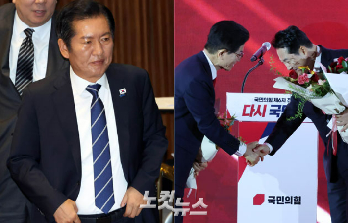 더불어민주당 정청래 대표(왼쪽)·국민의힘 제6차 전당대회에서 결선에 진출한 김문수·장동혁 당대표 후보가 악수를 하고 있다. 황진환·윤창원 기자