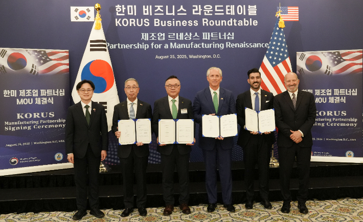 왼쪽부터 김정관 산업통상자원부 장관, 박지원 두산에너빌리티 회장, 황주호 한수원 사장, 클레이 셀 엑스-에너지 CEO, 섀넌 켈로그 AWS 부사장, 하워드 러트닉 미국 상무부 장관. 두산에너빌리티 제공