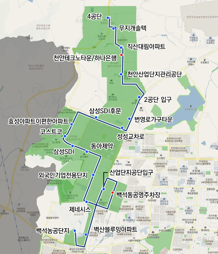 버스 고정노선-4공단에서 백석농공단지 방면 노선도. 천안시 제공