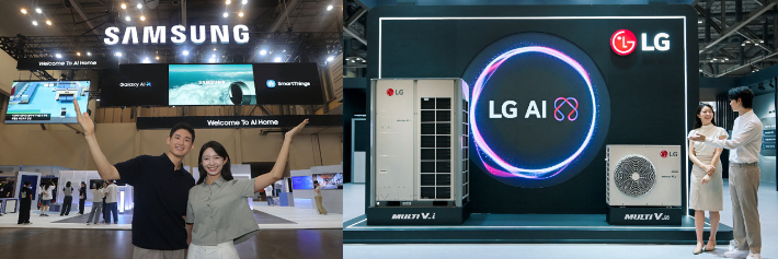 삼성전자 모델이 '기후산업국제박람회(WCE) 2025'가 열리는 부산 벡스코에 위치한 삼성전자 전시관을 소개하고 있다(왼쪽)·'AI 엔진'을 통해 실내외 온도 변화를 감지해 냉방 세기를 스스로 조절하고, 실내 환경이 쾌적해지면 절전 모도르 전환해 전기까지 아껴주는 LG전자 시스템에어컨 '멀티브이 아이(Multi V i)와 '멀티브이 에스(Multi V S)'. 삼성전자·LG전자 제공