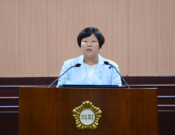 28일 열린 광주 북구의회 제304회 임시회 제1차 본회의 5분 자유발언에서 손혜진 의원이 상습 침수 시설에 대한 대책 마련을 촉구하고 있다. 광주 북구의회 제공