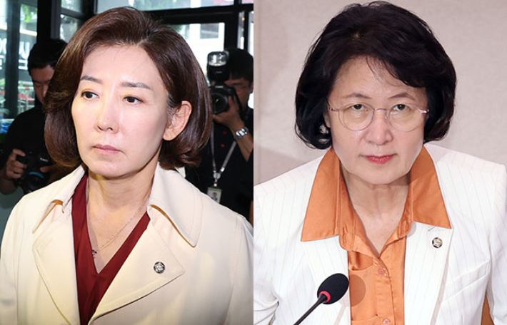 국민의힘 나경원 의원과 법사위원장인 더불어민주당 추미애 의원. 연합뉴스