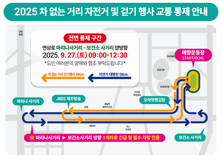 2025 차없는 거리 걷기 행사가 제주시 연삼로 일대에서 펼쳐져 일부 도로가 통제된다. 제주도 제공 