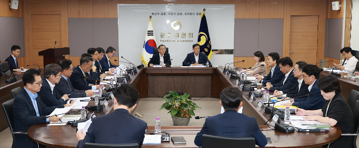권대영 금융위원회 부위원장이 3일 오전 서울 종로구 정부서울청사에서 개최한 미국 관세대응 정책금융-금융지주 간담회에서 금융감독원, 한국산업은행, 중소기업은행, 한국수출입은행, 신용보증기금, 기술보증기금, 한국자산관리공사 부기관장 및 5대 금융지주 CSO 등과 미국 정부의 상호관세, 품목과세 부과에 따른 우리 기업의 피해를 최소화할 금융업계의 대응방안을 논의했다. 금융위원회 제공