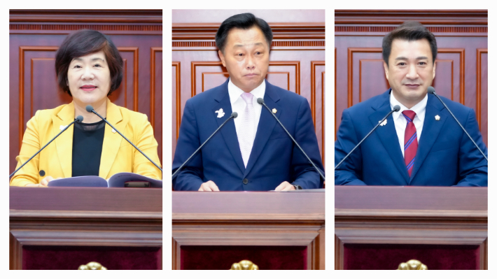 한순희, 김항규, 최재필 의원이 임시회 본회의에 앞서 5분자유발언을 하고 있다. 경주시의회 제공